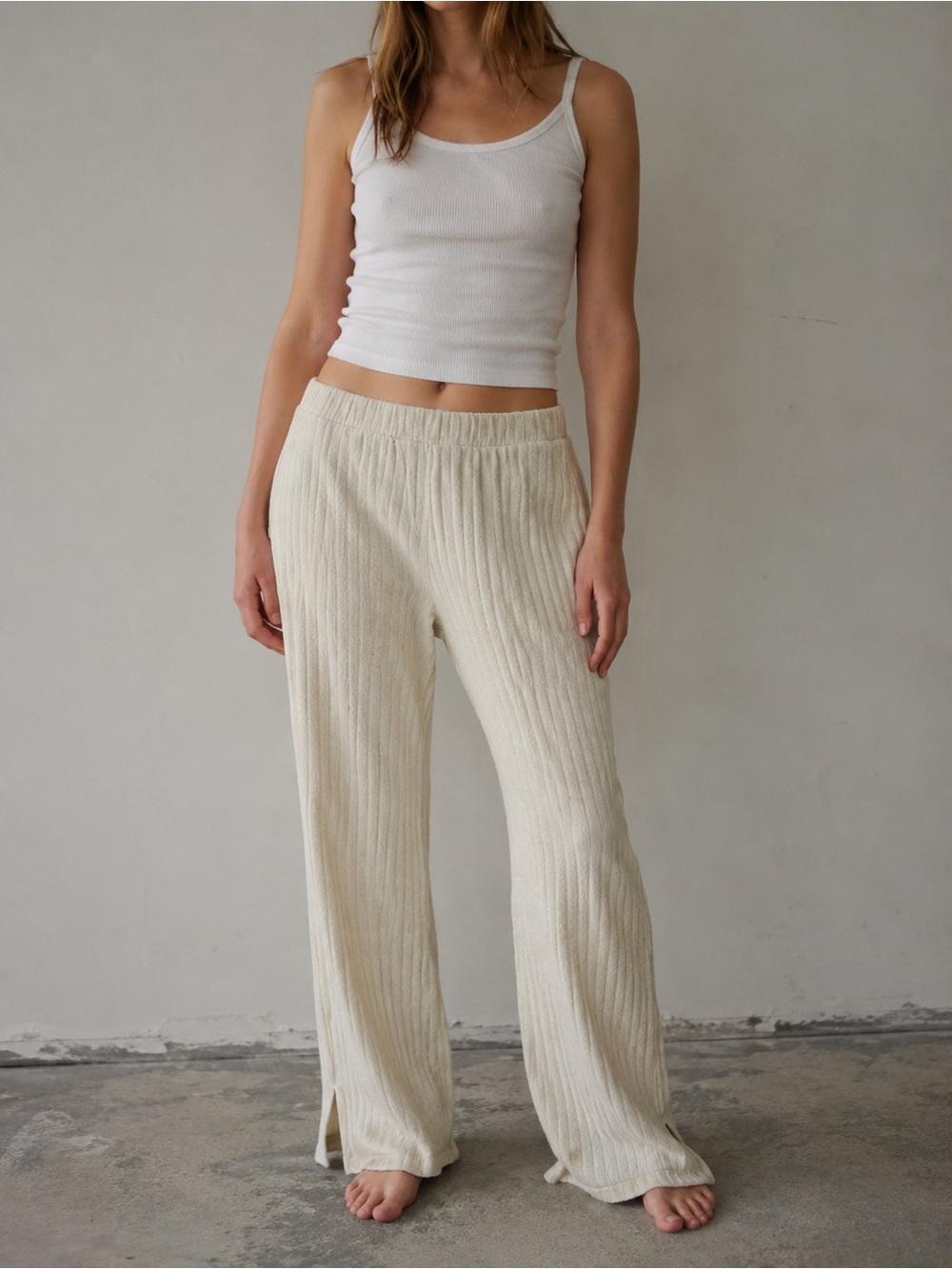 H&M Cream Ribbed Wide Leg Lounge Pants Soft Cozy Split Hem L - Picture 2 of 6